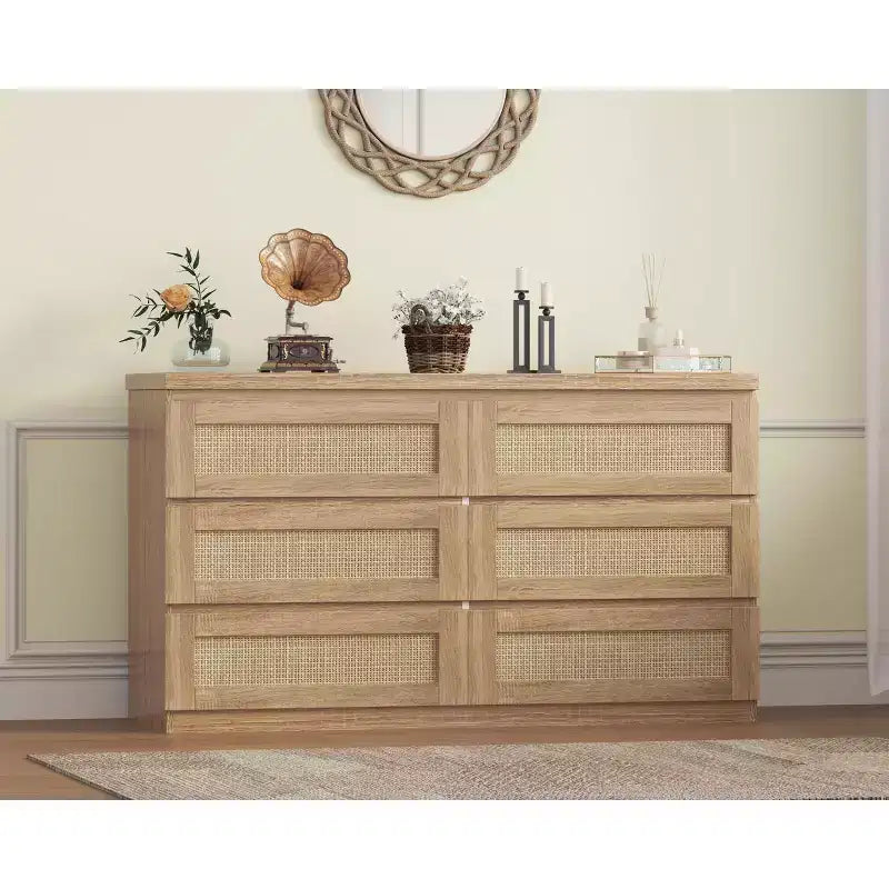 Rattan-Kommode fürs Schlafzimmer mit 6 Schubladen, 119 cm breite moderne Kommode im Landhausstil, Holzschrank mit Stauraum-Organizer für Kleiderschrank, Wohnzimmer und Flur