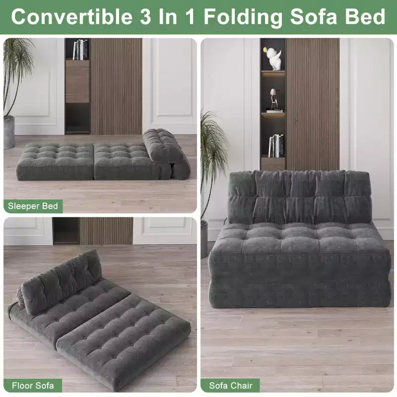 Canapé-lit futon pliant en velours côtelé, fauteuil convertible au sol avec coussin et soutien dorsal, format double