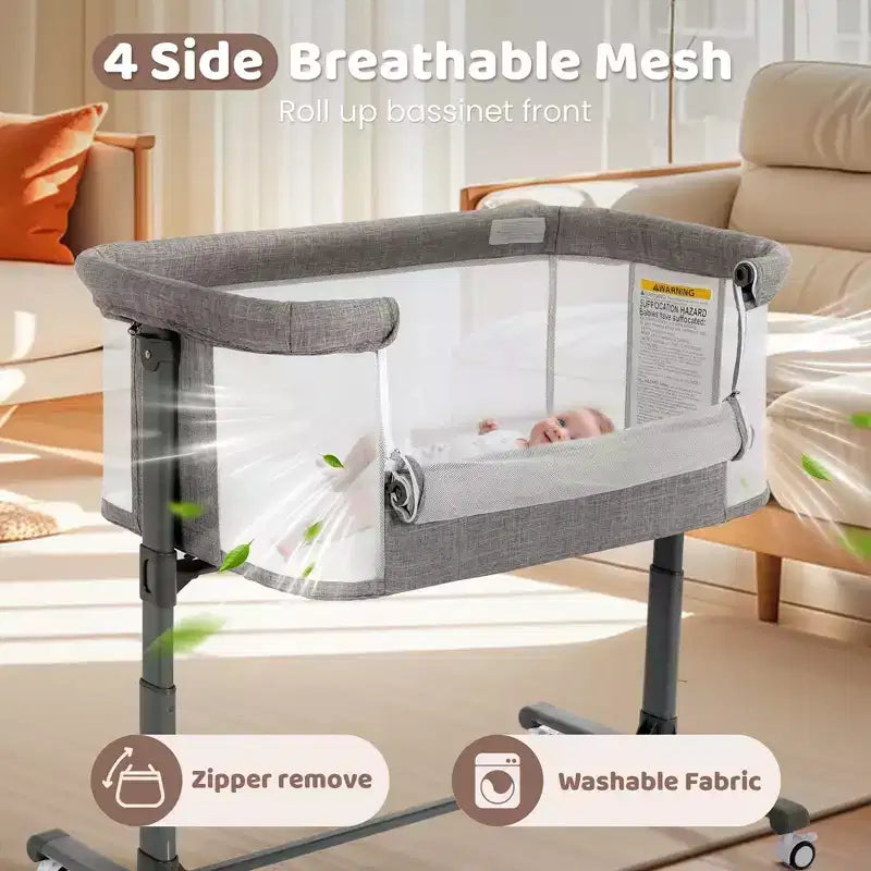 Babywiegje met wielen – beige / grijs / roze, wiegje naast het bed, voor 1 baby