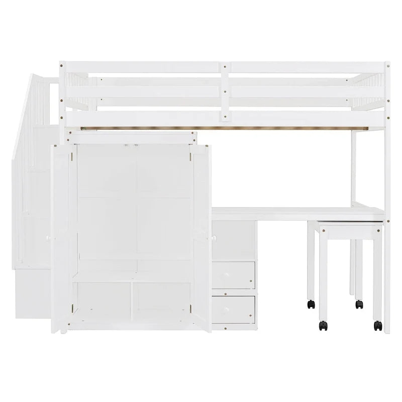 Hochbett in Full-Size mit Treppe, Bücherregal, Schreibtisch und Kleiderschrank – platzsparendes Multifunktionsmöbel für Kinder und Jugendliche – Weiß