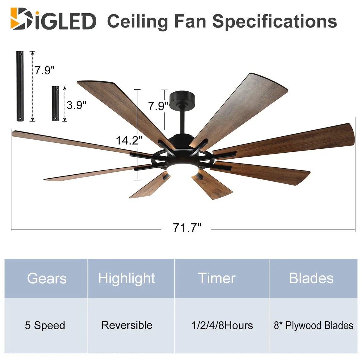 Ventilatore da soffitto con telecomando e luci, grande, con 8 pale in legno