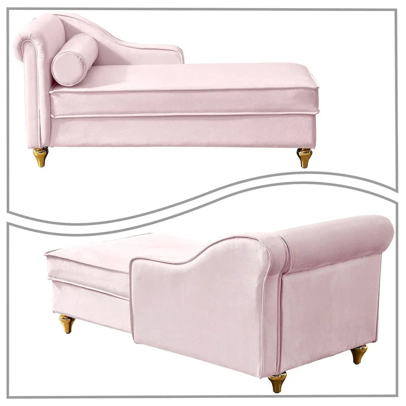 French Elegant Velvet Upholstered Storage Chaise Lounge Chair with a Pillow