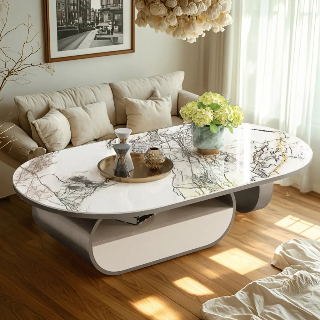 Contemporary Unique Marble Top Oval Coffee Table with Drawer