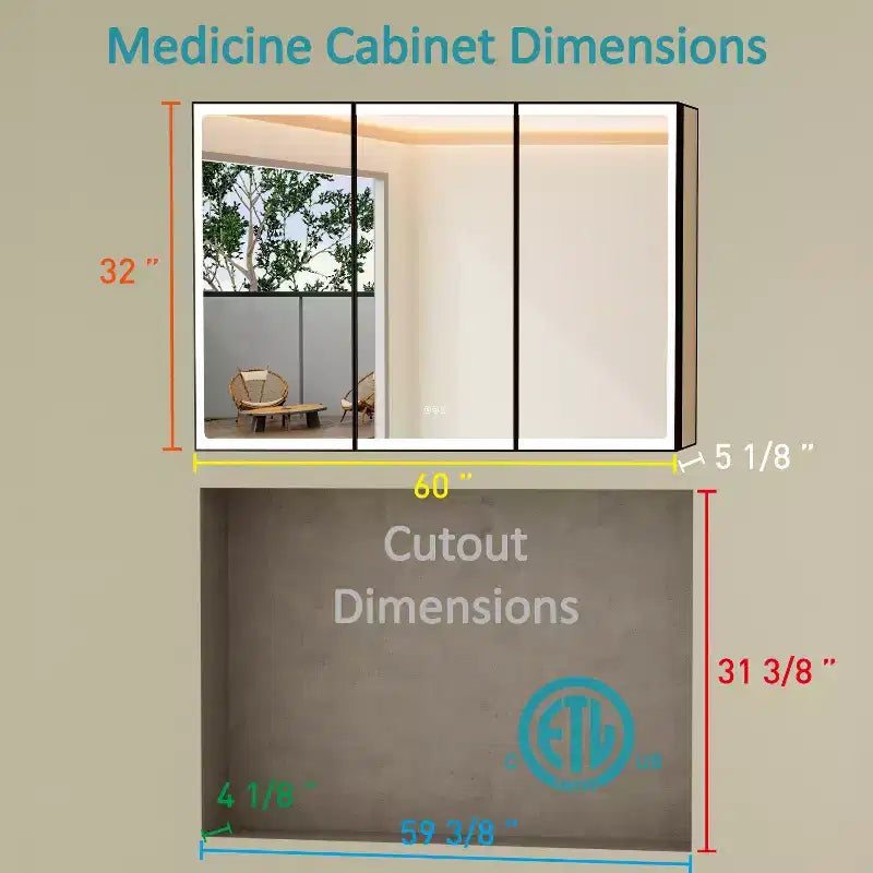 Bathroom Medicine Cabinet with LED Mirror, Surface or Recessed Mount, Dimmable Light, Anti-Fog, Adjustable Shelving