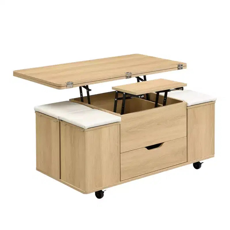 Table basse moderne multifonctionnelle relevable avec rangement dissimulé, 4 tabourets et roulettes, idéale pour les espaces de vie modernes