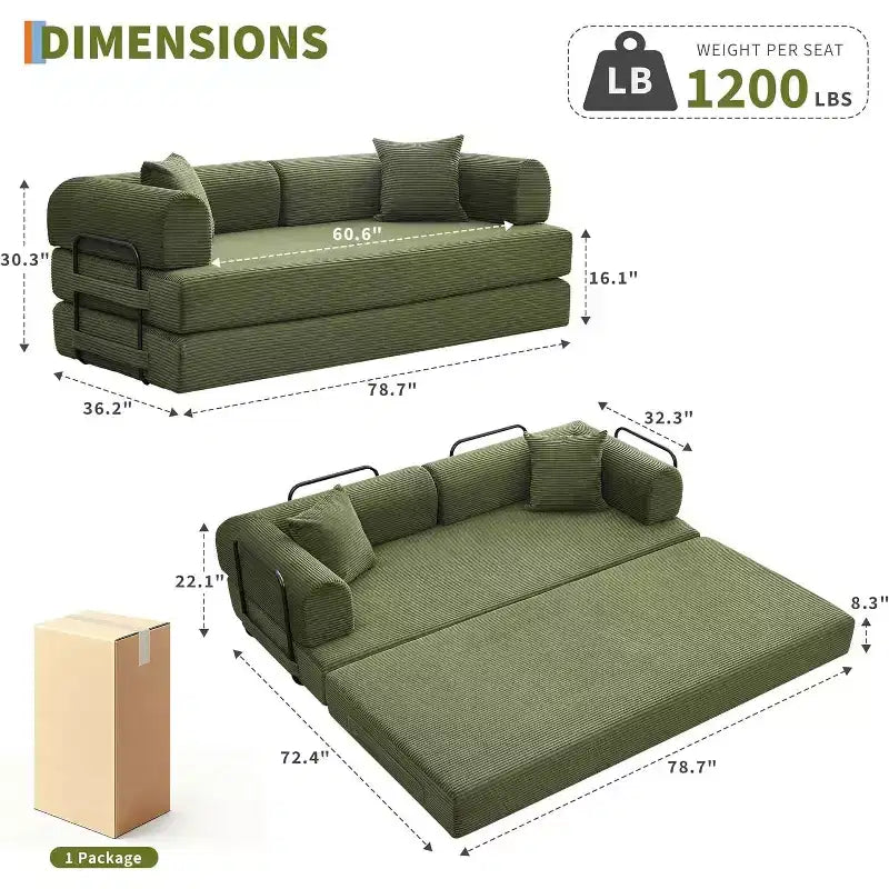 2-in-1-Schlafsofa, bequemes klappbares Cordsofa mit tiefer Sitzfläche und breiten Armlehnen, rahmenloses Sofa für Wohnzimmer und Wohnungen