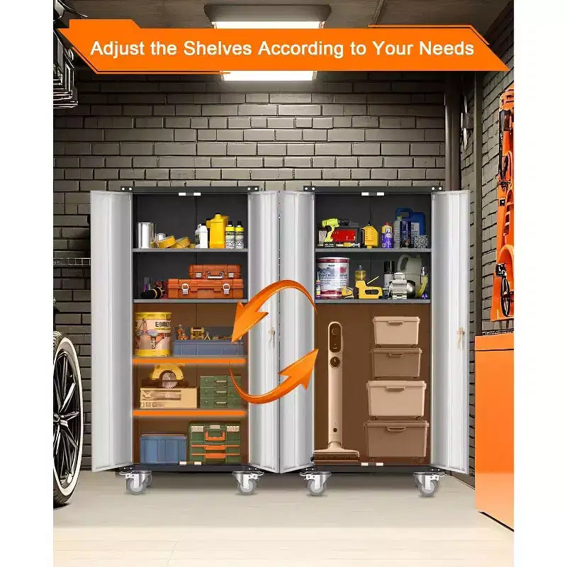 Garage Storage Cabinet with Wheels & Pegboard, 72 H Locking Metal Storage Cabinet with 2 Doors & 4 Adjustable Shelves for Garage Workshop
