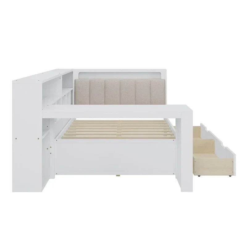 L-förmiges Holz-Sofa-Tagesbett mit Schreibtisch, Bücherregal-Schrank, Eckbett mit Schubladen unter dem Bett, gepolstertem Kopfteil und integrierter Beleuchtung