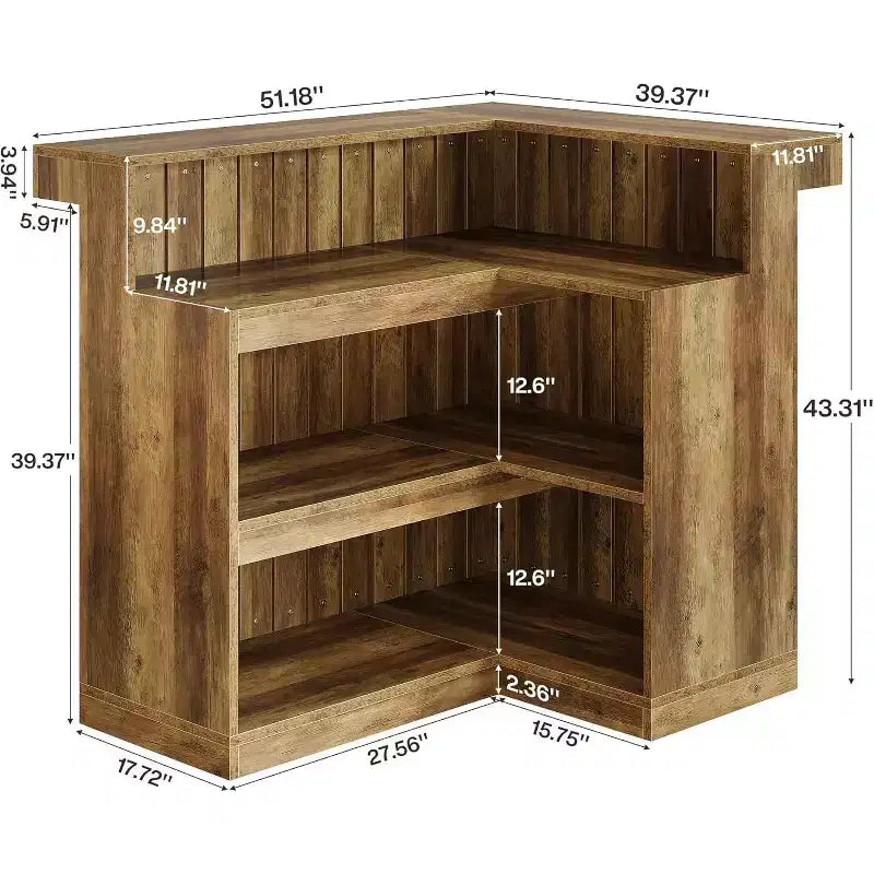 Lantine L-vormige thuisbar, hoekbar met 4 niveaus, dranktafel met opbergplanken en wijnglashouder voor de thuisbar