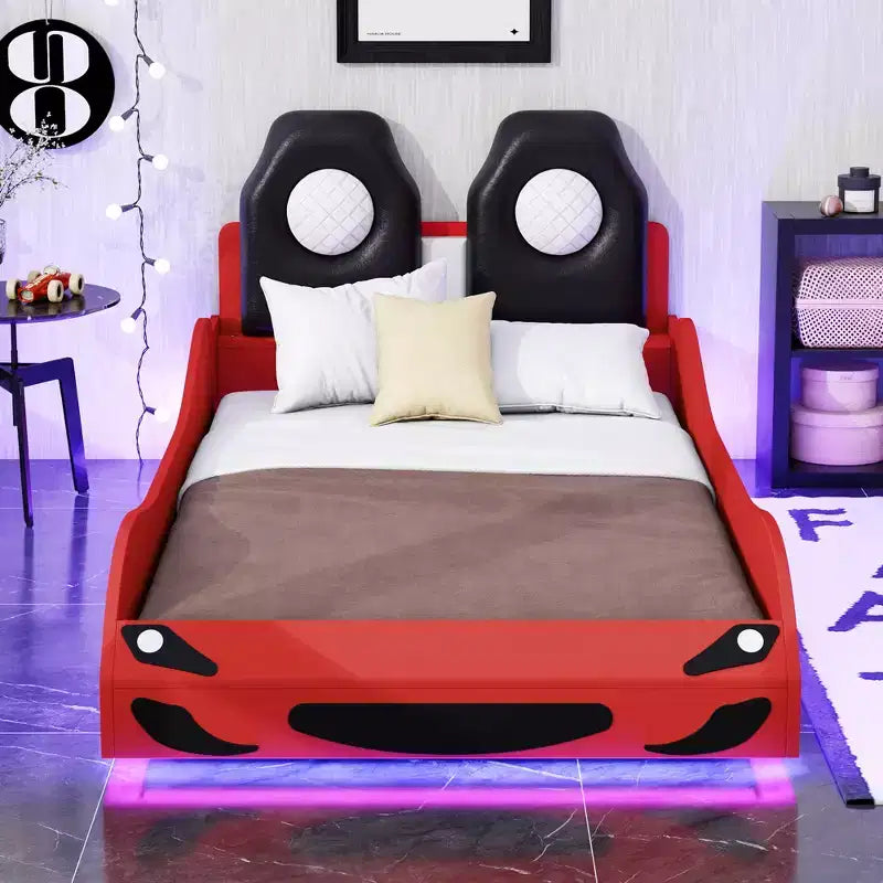 Whisen Wood Twin Size Race Car-Shaped Platform Bed with LED and Upholstered Backrest