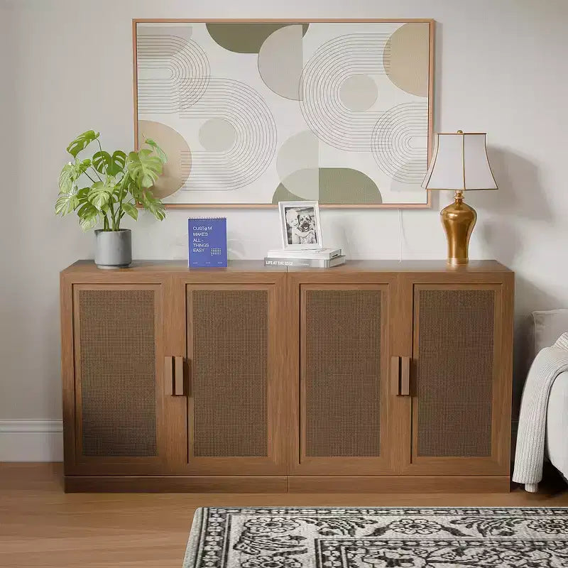 Set da 3 credenze contenitore con ante in rattan e ripiani regolabili - 93Lx31H