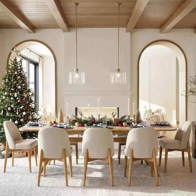 Ensemble de salle à manger 9 pièces pour 8 personnes, table extensible à piètement en tréteau avec chaises rembourrées à pieds en bois massif-Panipeachy