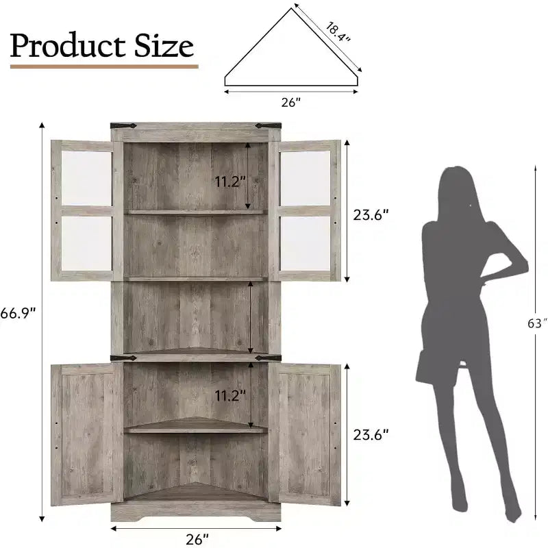 69 Tall Corner Cabinet, Farmhouse Corner Storage Cabinet, Space Saving Storage, Glass Door, Adjustable Shelves, for Living Room, Kitchen
