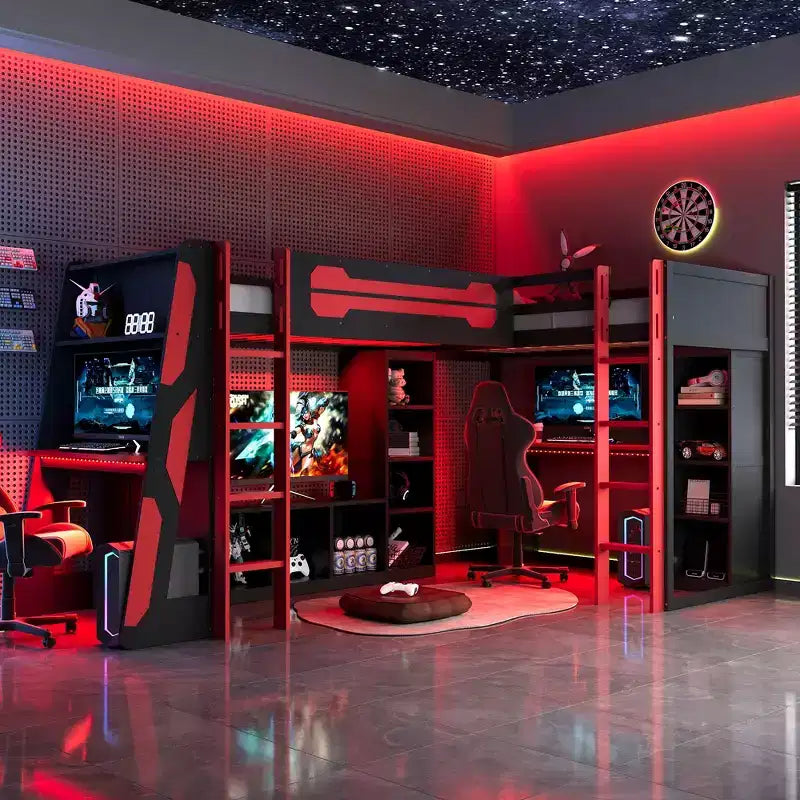 L-förmiges Gaming-Hochbett mit Schreibtischen, Doppel-Hochbetten für Zwillinge mit LED-Leuchten, USB-Anschlüssen und Bücherregalen zur Aufbewahrung, Eck-Hochbett aus Holz für 2 Personen