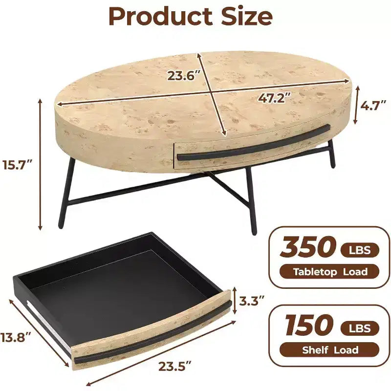 Acekool Oval Coffee Table with Drawer, 47.2 Wooden Storage Table with Cross Metal Legs  Mid-Century Modern Center Table in Natural & Golden Willow