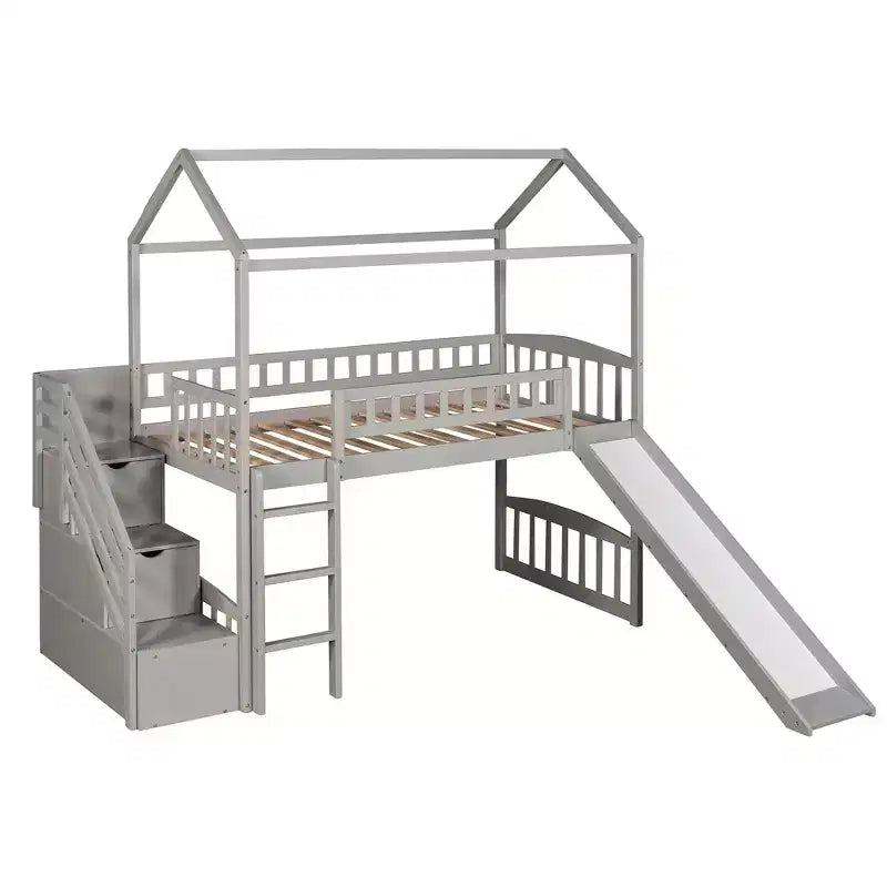 Twin House Loft Bed with Slide and Stairs, Loft Bed with Storage Drawers, Wood Cabin Loft Bed for Kids Toddlers