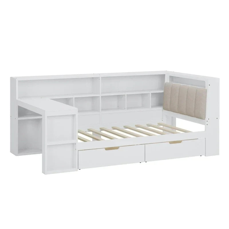 L-förmiges Holz-Sofa-Tagesbett mit Schreibtisch, Bücherregal-Schrank, Eckbett mit Schubladen unter dem Bett, gepolstertem Kopfteil und integrierter Beleuchtung