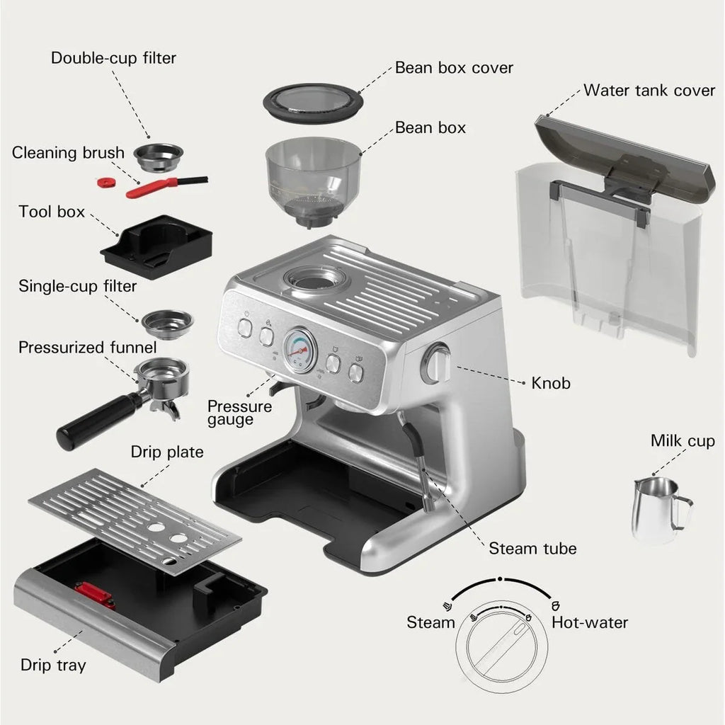Halfautomatische koffiemachine met intelligente temperatuurregeling en heetwaterfunctie, 30 maalstanden