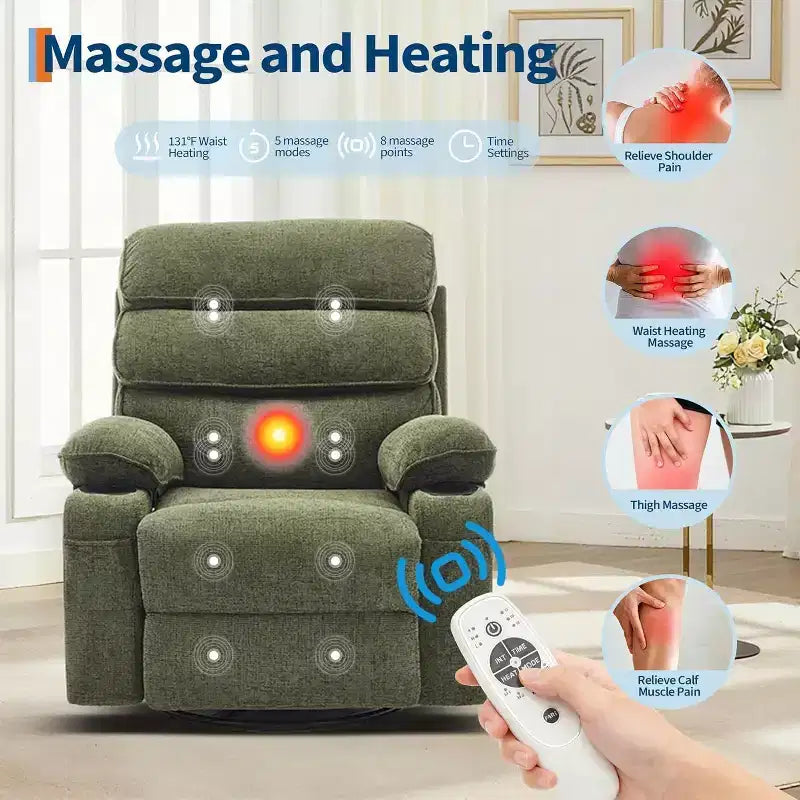 Massagesessel mit Wippfunktion und Wärme, um 360° drehbarer Gleitsessel für Erwachsene, Leinen-Sessel für das Kinderzimmer mit Seitentasche und zwei Getränkehaltern
