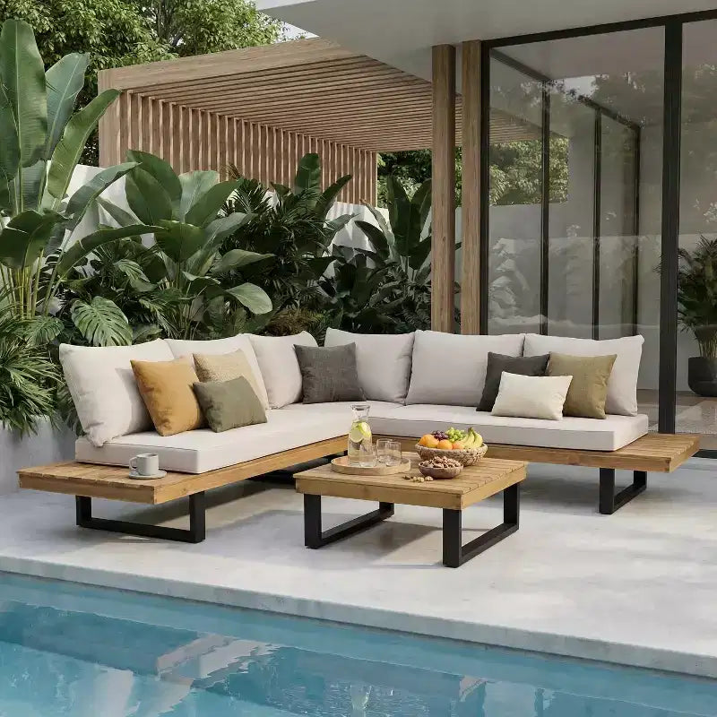 L-vormige loungeset voor buiten, terras- en tuinset met salontafel en waterafstotende kussens – ModernLuxe
