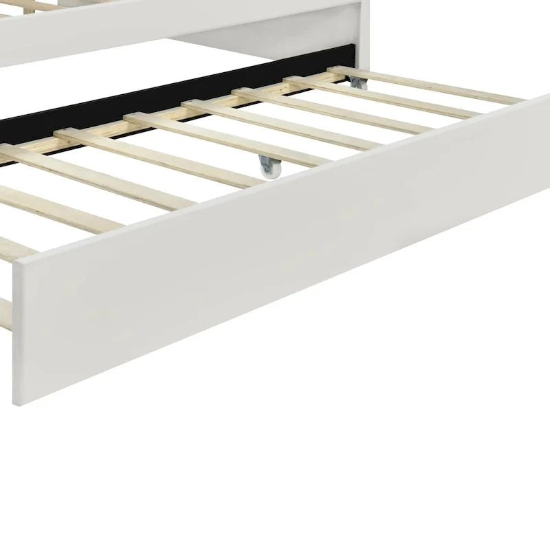 Gestoffeerd ligbed van volledige grootte met schelpvormige rugleuning en onderschuifbed