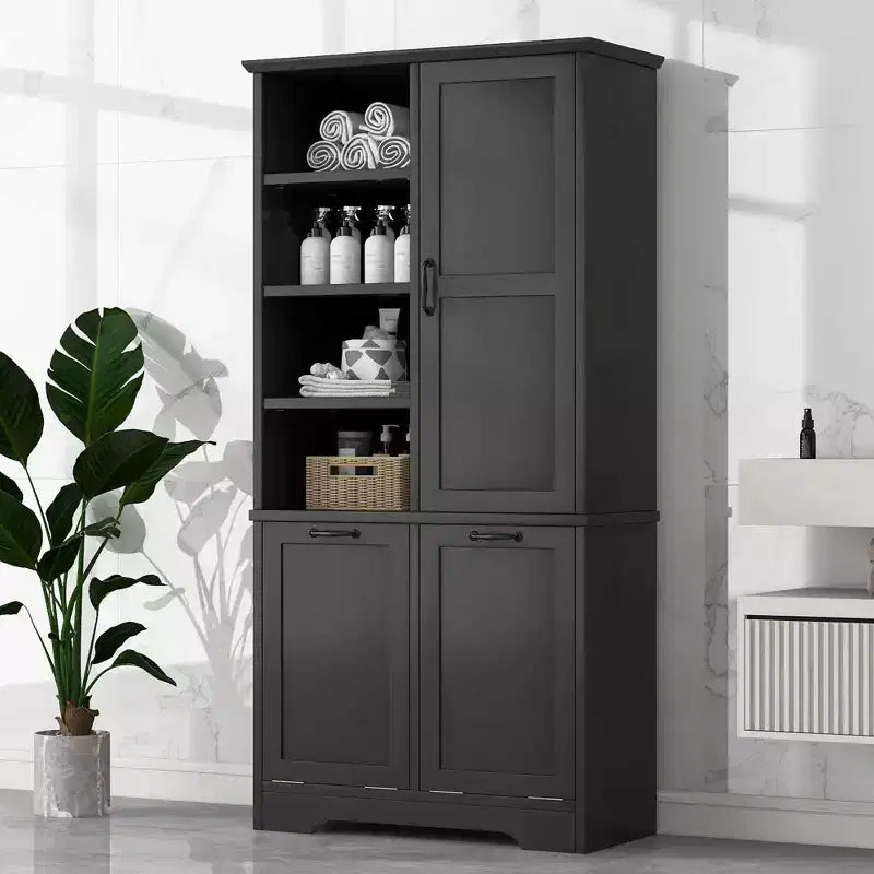 Bathroom Storage Cabinet with Doors and Drawers Tilt-Out Laundry Hamper Multiple Storage Space Freestanding Style