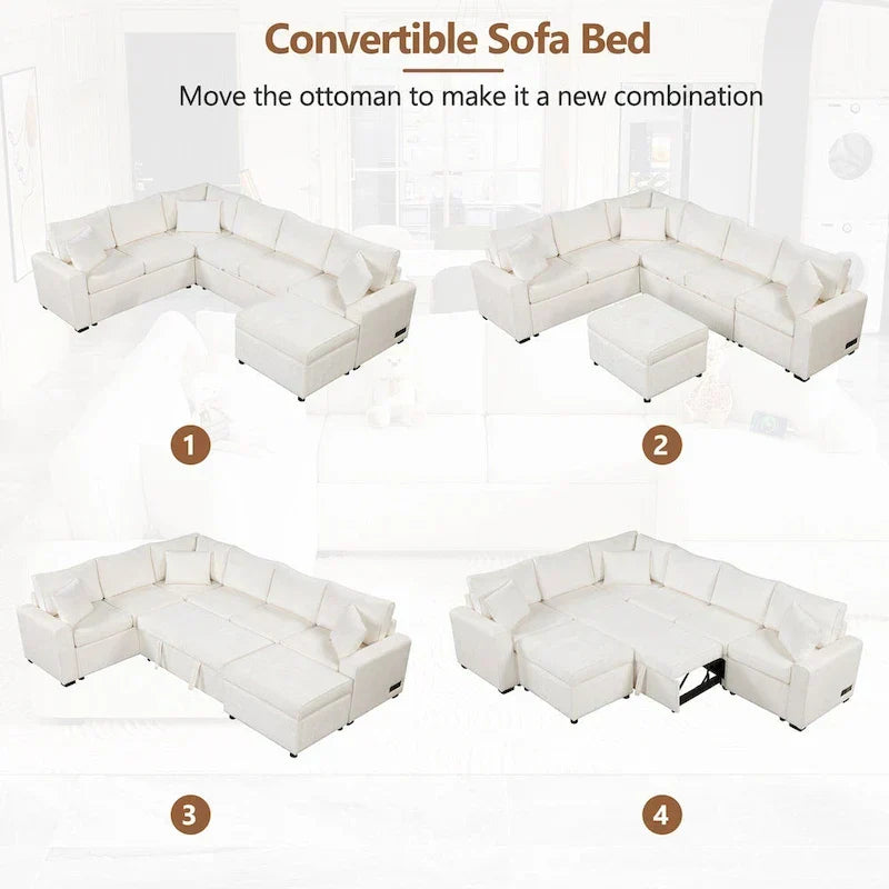 Chenille Sectional Sofa Pull-out Sofa Bed, L-Shape Sleeper Sofa with Storage Ottoman, 3 Pillows and Charging Devices