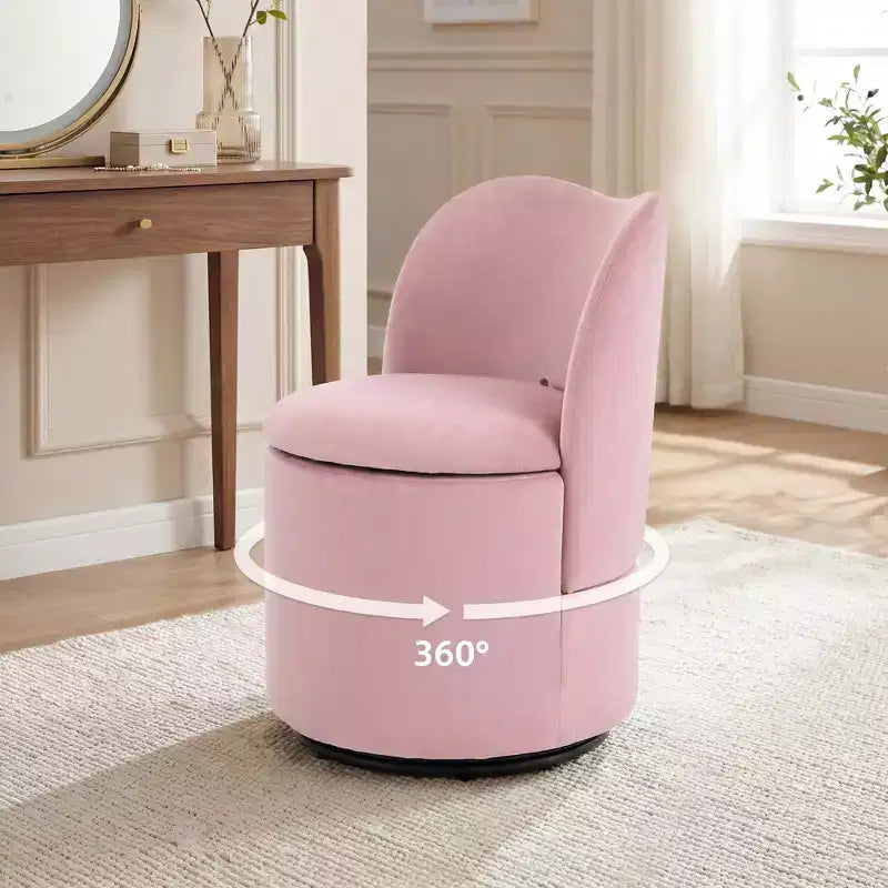 Swivel Vanity Chair with Storage, Upholstered Round Makeup Stool with Back, Soft Padded Barrel Accent Armchair for Bedroom & Living Room