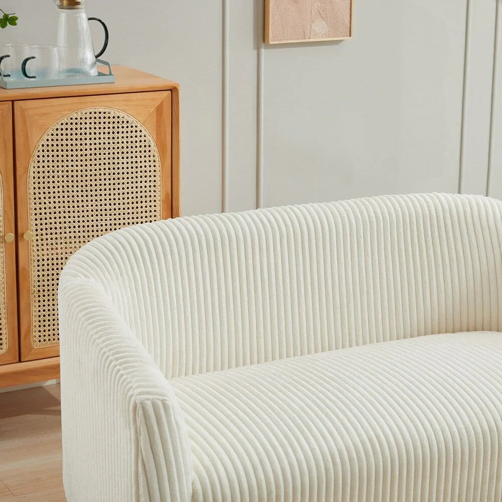 2-zitsbank met bekleding van corduroy en houten poten in walnootkleur