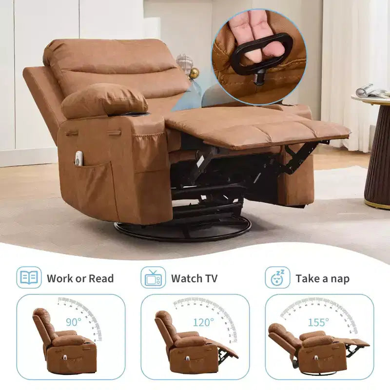 Sillón reclinable mecedor giratorio de 360° extragrande con masaje y calor: silla ergonómica de descanso con portavasos y bolsillos laterales para la sala de estar o el dormitorio infantil