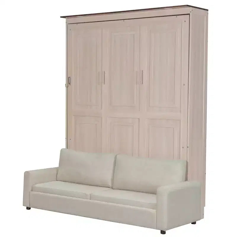 Murphy-bed in queensize met bank, houten kastbed in queensize met ledverlichting, opklapbaar wandbed voor de logeerkamer, beige