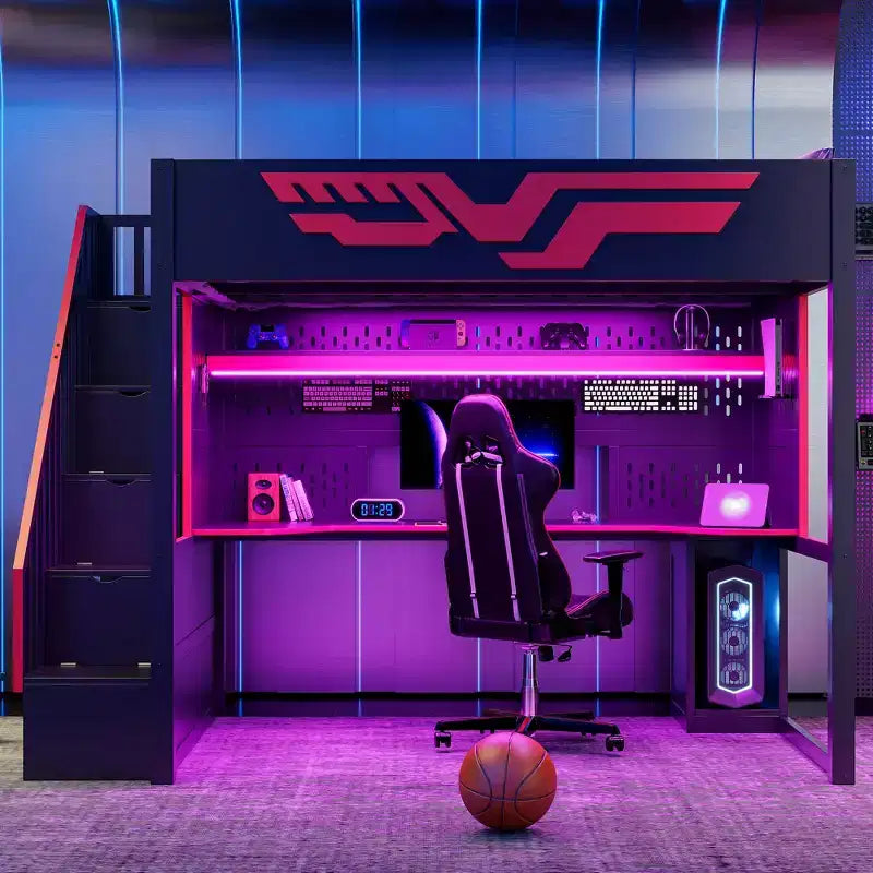 Gaming-Hochbett in Full-Größe mit Schreibtisch und LED-Beleuchtung, hölzernes Hochbett mit Treppe, Stauraumtreppe und USB-Anschluss, Rot+Schwarz