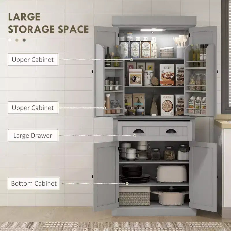 71 Kitchen Pantry Cabinet with LED Lights, 6 Door Shelves, a Drawer and 4 Adjustable Shelves