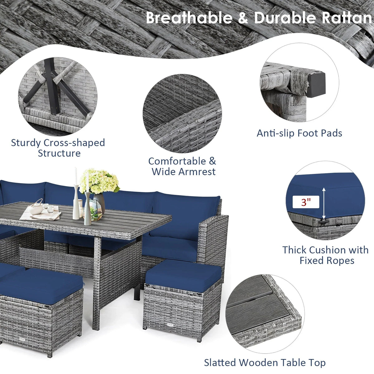 Costway 7-delige eethoek voor de patio van rotan, modulaire bank, fauteuil en voetenbank - Bekijk de details