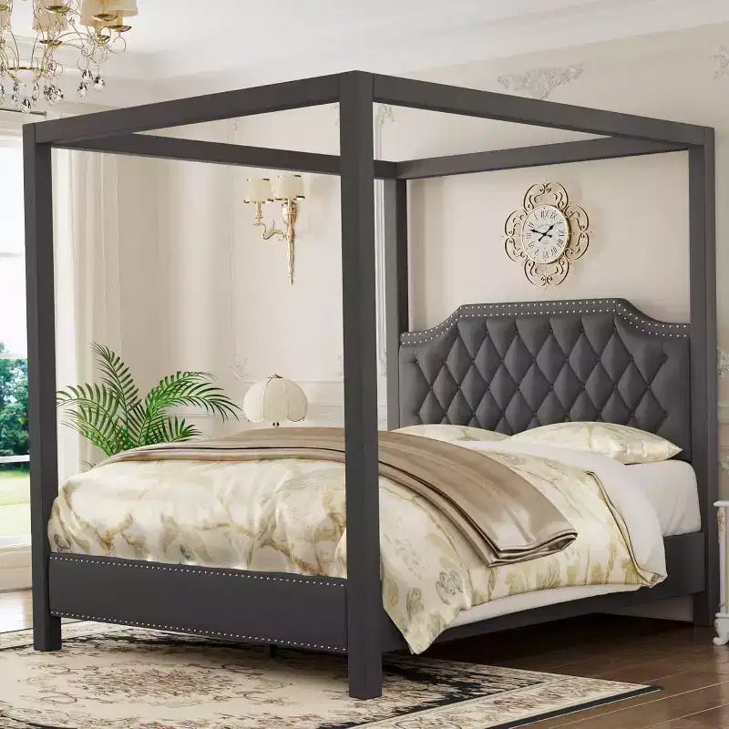 Queen-Size-Himmelbettgestell mit Pfosten, 4-Ecken-Betthalterungen, Lattenrost aus Massivholz, keine Bettfeder erforderlich, geräuschlos