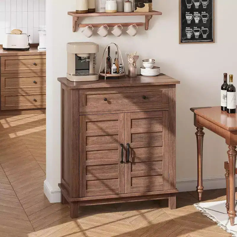 31.5 Rustic Storage Cabinet, with Slatted Doors, 3-Tier Adjustable, Double Door Locker, for Kitchen, Dining Room, and Home Office