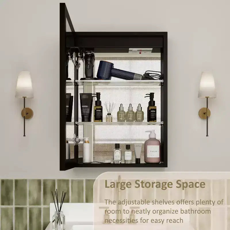 Bathroom Medicine Cabinet with LED Mirror, Surface or Recessed Mount, Dimmable Light, Anti-Fog, Adjustable Shelving