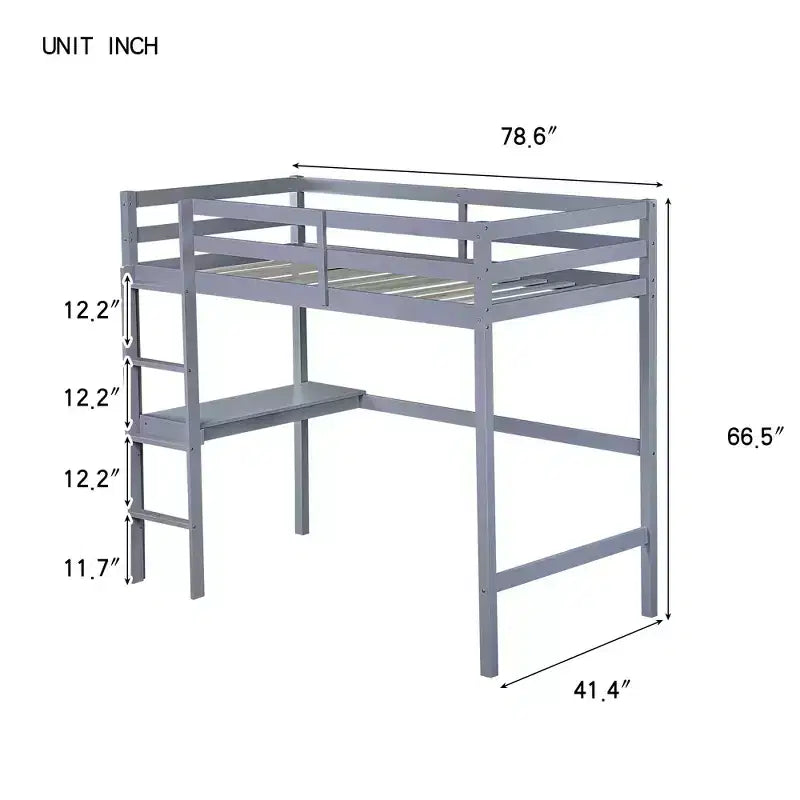 Okak Minimalism Loft Bed with Ladder, Rubber Wood Twin Loft Bed with Safety Guardrail and Build-In Desk, Bed Frames for Kids, Teenagers