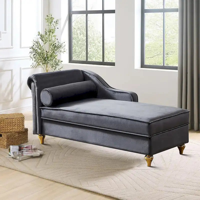 French Elegant Velvet Upholstered Storage Chaise Lounge Chair with a Pillow