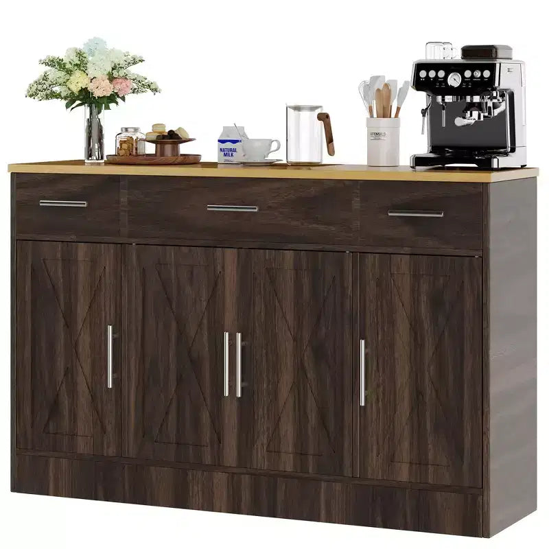 Celebalcony Buffet-Schrank mit Stauraum, 53,4 Zoll großer Küchenschrank mit 3 Schubladen und 4 Türen, verstellbarem Einlegeboden für Küche und Wohnzimmer