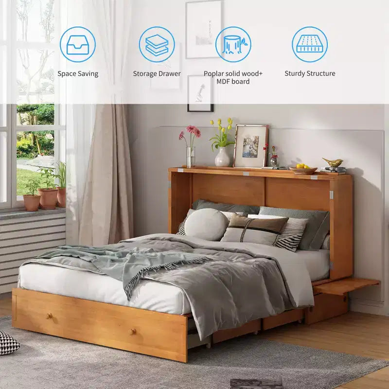 Cama abatible Mjkone tamaño queen, cama tipo armario cúbico con estación de carga y espacio de almacenamiento