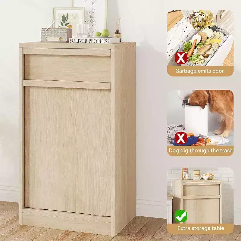 Tiltable Trash Can, Natural Oak, Trash Can with Storage and Drawer, Hidden Trash Cabinet, Laundry Basket for Kitchen, Dining Room, Living Room