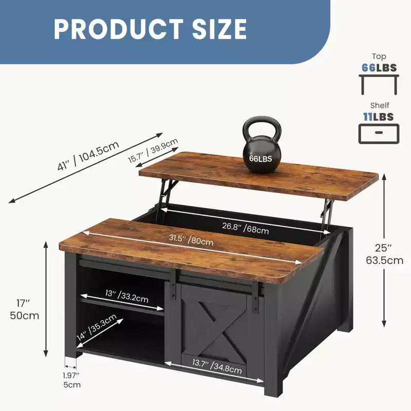 JIONJOY salontafel van 31,5 inch met opklapbaar blad en grote verborgen opbergruimte, verstelbare planken, vierkante landelijke salontafel voor de woonkamer en kleine ruimtes
