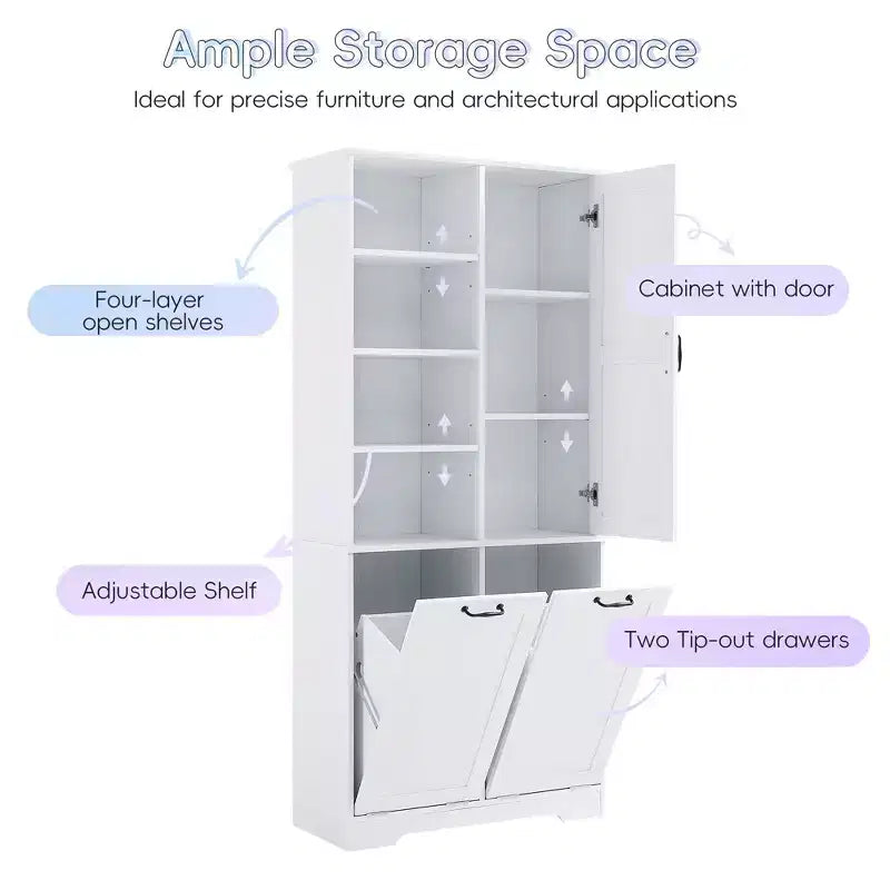 Bathroom Storage Cabinet with Doors and Drawers Tilt-Out Laundry Hamper Multiple Storage Space Freestanding Style