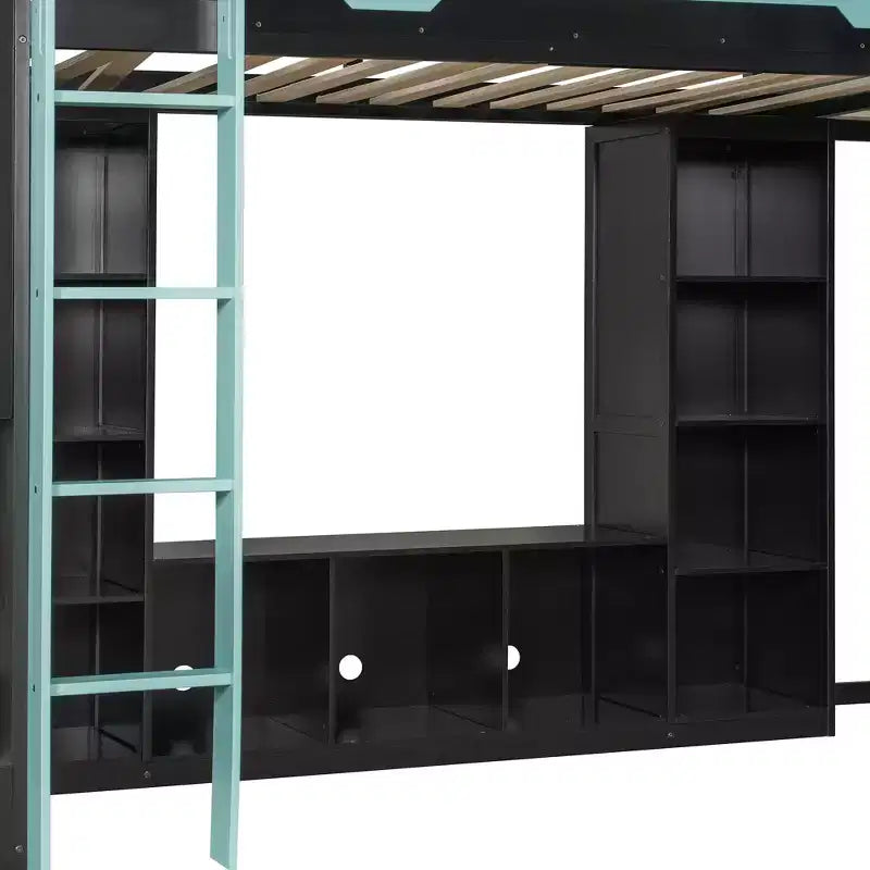 L-Shaped Gaming Loft Bed with Desks, Double Twin Loft Beds with LED Lights, USB Ports, Storage Bookshelves, Wood Corner Loft Bed for 2