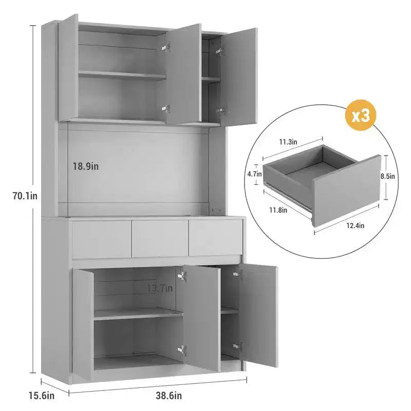 71 inch Kitchen Pantry Cabinet, Hutch Storage with Led Lights and Power Outlets, Buffet Cabinet with Microwave Stand, Adjustable Shelves
