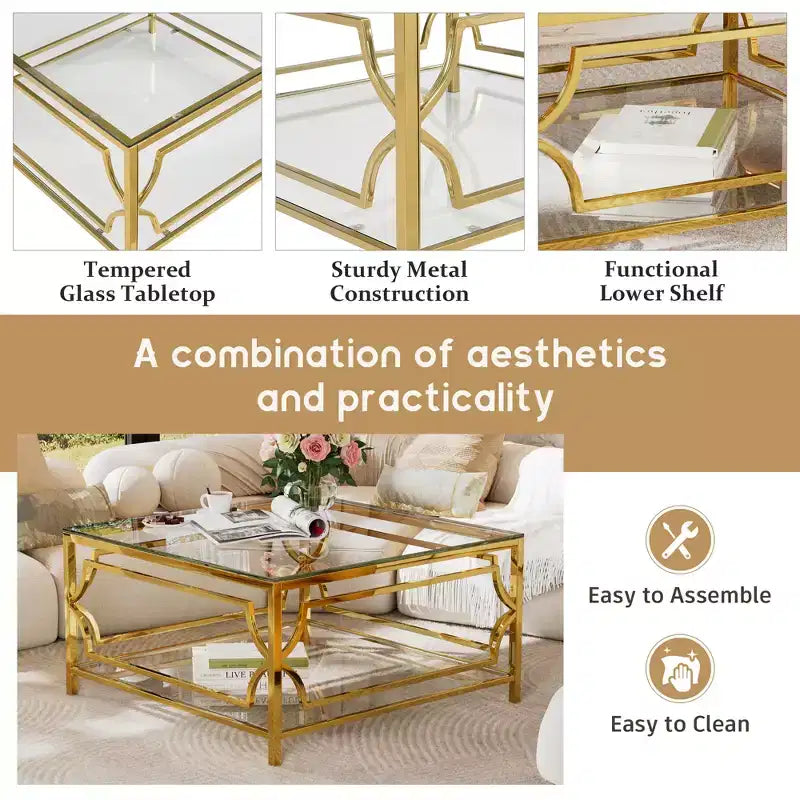 Merax Square Coffee Table with Black or Clear Glass Top and Two-Tier Display Shelf