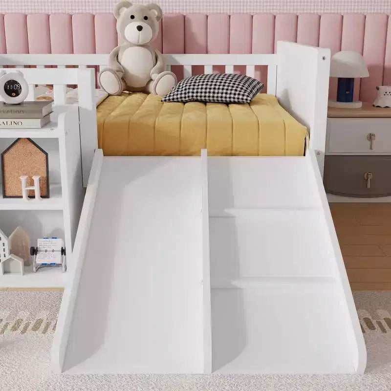 Whisen Twin Size Low Loft Bed Frame for Kids with Slide, Movable Bookshelf Storage, Guardrails, Low Loft Bed Frame