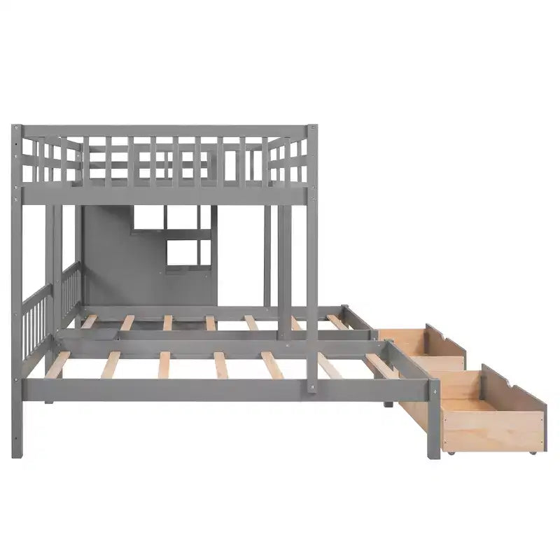 Whisen Full Over Twin & Twin Bunk Bed, Wood Triple Bunk Bed with Drawers and Guardrails