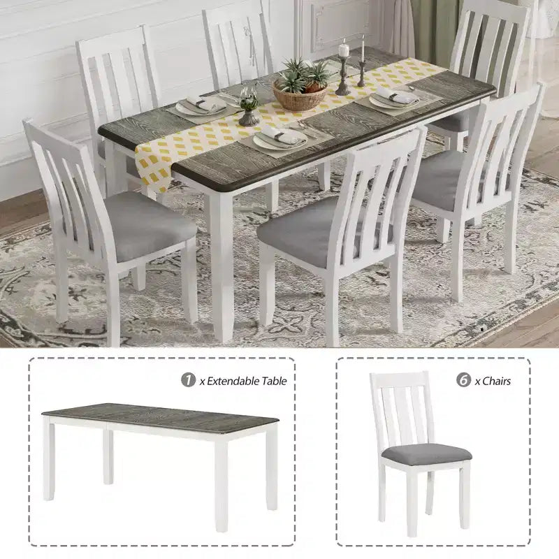 Farmhouse Extendable Dining Table Set for 6, Rectangular Table and 6 Upholstered Chairs